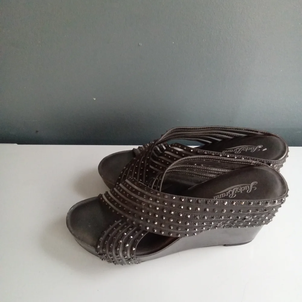 Lucky Brand Women Gray Wedge‎ Sandals Embellished Studded Platform Mules Size 7